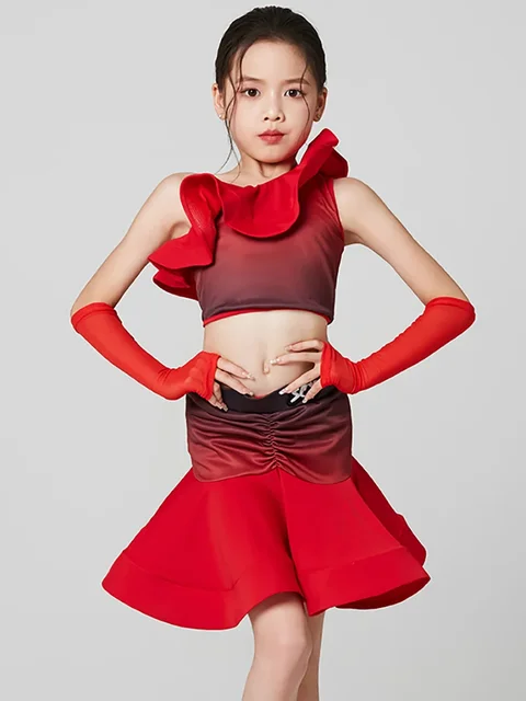 Kids Girls Latin Dance One Shoulder Ruffles Top and Skirt Gradient