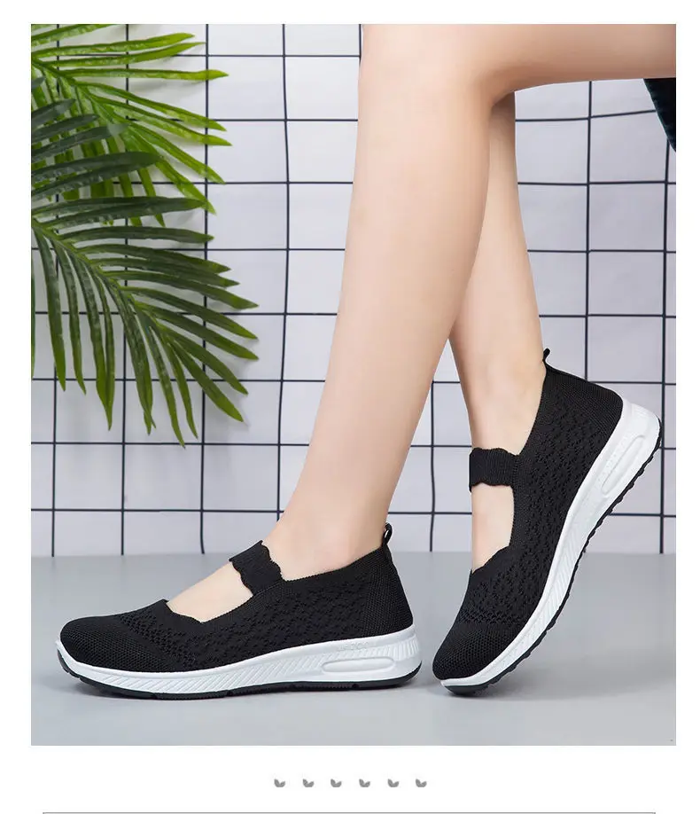 Cozy Sport Mary Janes Flats Women Knit Mesh Sneakers Breathable Summer Shoes Ladies Casual Flat Shoes Comfortable Loafers Black