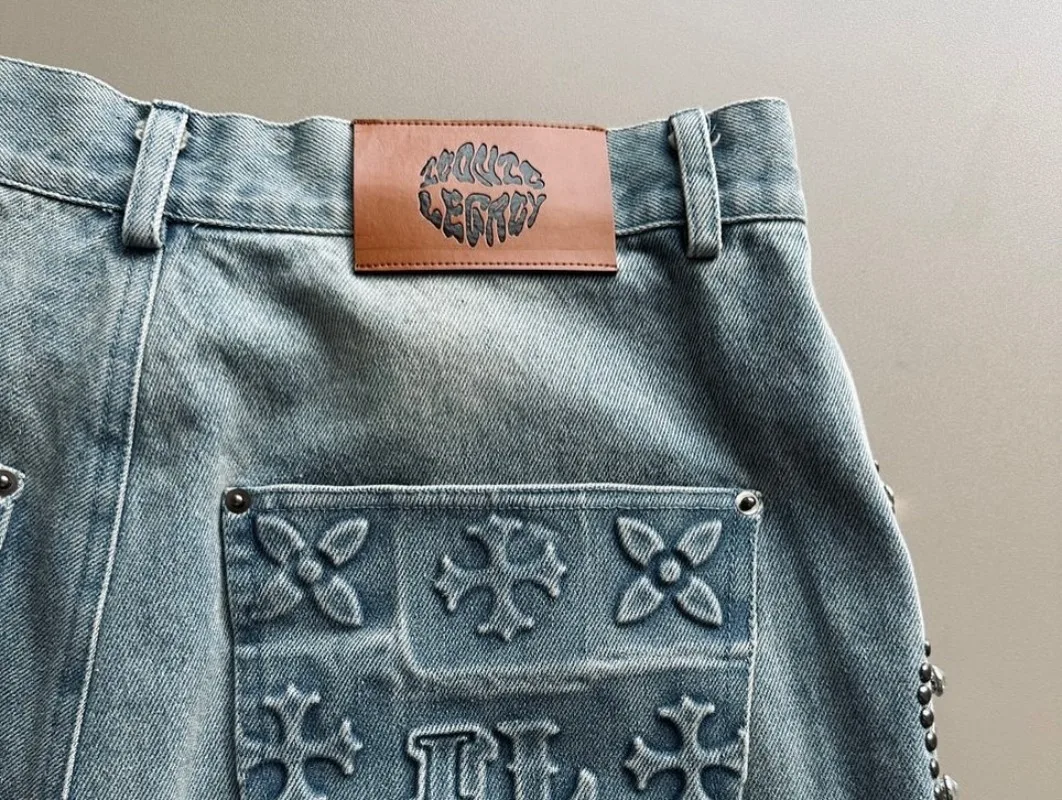 Denim Shorts Summer Jeans Shorts American New Fashion Geometric Decoration Baggy Denim Shorts Men Y2K Street Retro Hip Hop Popular Gothic Casual Wide Leg Shorts