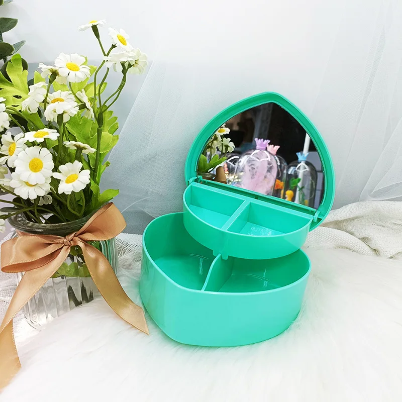 

2022 new solid color double layer with mirror big heart-shaped storage box children's handmade DIY jewelry jewelry box wholesale