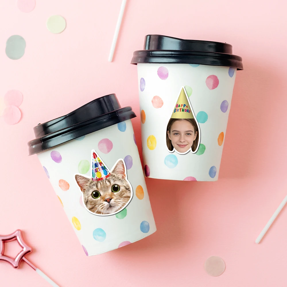 20 Stück personalisierte Fotoaufkleber mit Geburtstagshut-Muster, individuelle Gesichtsfotoaufkleber, Geburtstagsgeschenk, Partyzubehör für alles Gute zum Geburtstag – Detail 8