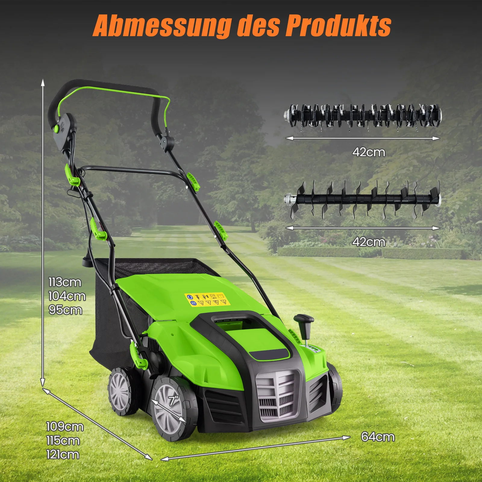 Elektro Vertikutierer & Rasenlüfter 41 cm, 15A 2-in-1 Rasenvertikutierer mit 3 Stufen Höhenverstellung & 5 Stufen Arbeitstiefe – Detail 1
