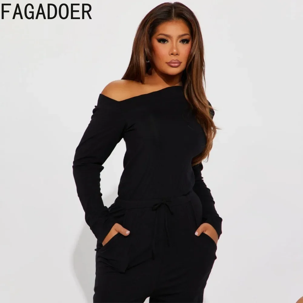 FAGADOER Autumn Casual One Shoulder Long Sleeve Slim Jumpsuits Women Solid Color Drawstring Pocket Playsuits Female Home Overall