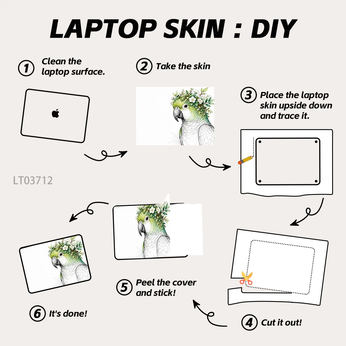 2개입 방수 PVC 노트북 스티커 - 크레스트드 파라오트, 기하학적 고양이, 장미 정원, 내마모성 자가 접착식