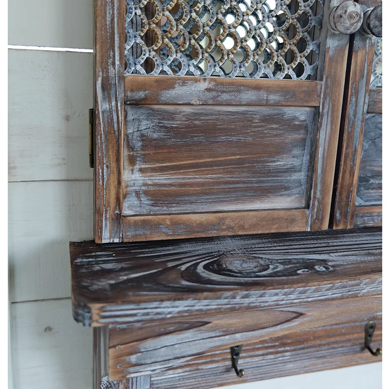 Farm Style Vintgae Wooden Decorative Window Mirror with Floating Shelf