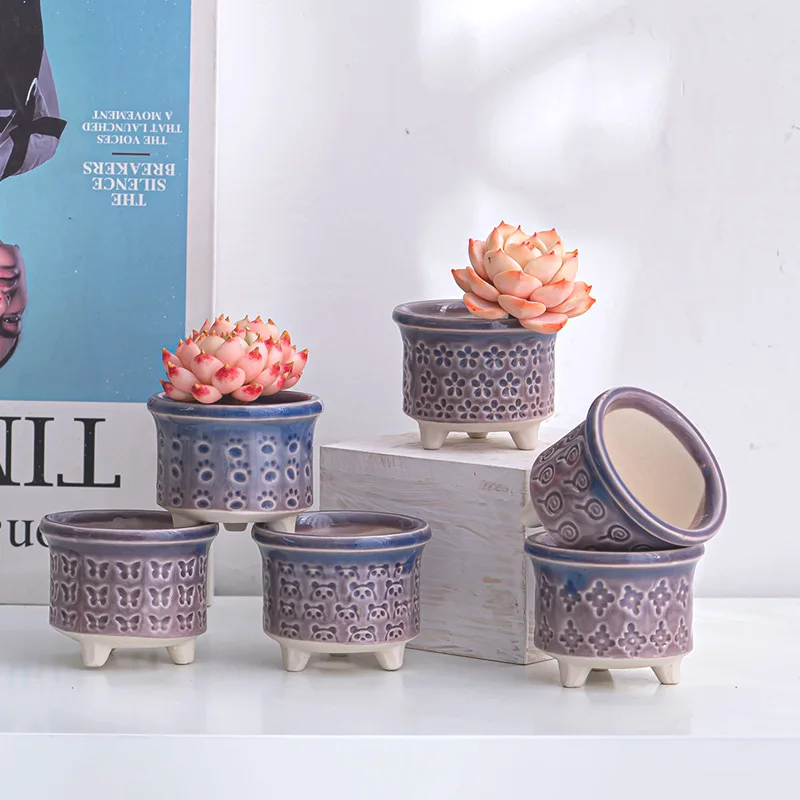 Mini Flowerpot Ice Split Glaze Cute Cartoon Leaf Plantlet Ceramic Meat Succulents Potted Indoor Gift Controlled Thumb Pot