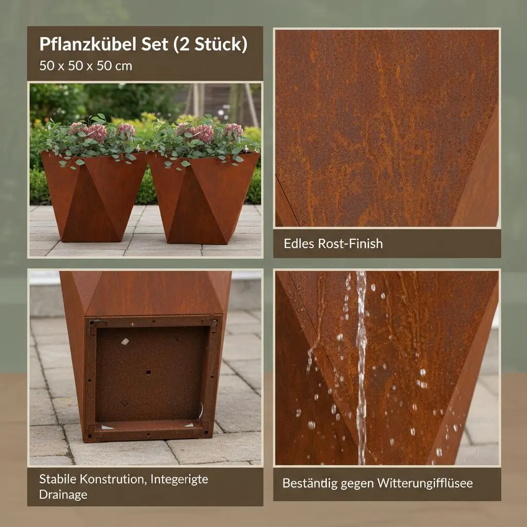 Set mit 2 rostigen Optik-Gartenkübeln 50x50x50 cm aus Stahl, quadratische rostige Pflanzkübel für Garten, Terrasse und Balkon – Detail 4