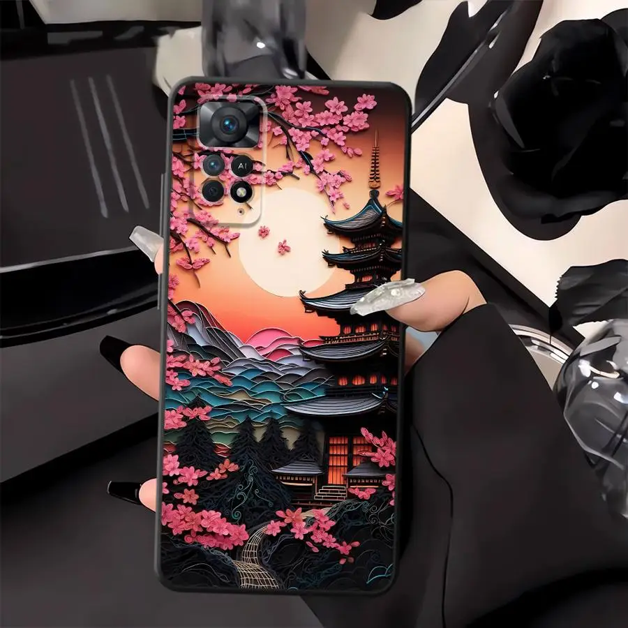 Japanese Ancient House Painting Black Soft Phone Case