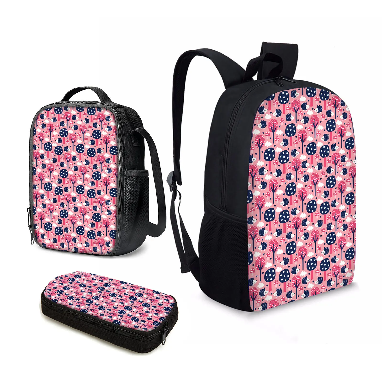 

YIKELUO Pink 3D Cartoon Hedgehog Print Teen Backpack Kids Back To School 3-Piece Set Animal Print Leisure Bag Travel Bag Gift