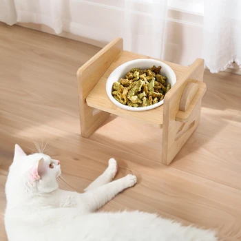 Voltsify Height Adjustable Pet Feeder with 15° Tilt & Ceramic Bowl, Bamboo Base for Cat/Dog