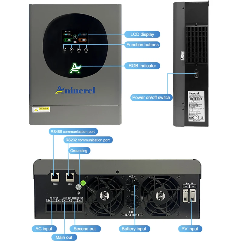 아니네렐 6.2kw 4.2KW 하이브리드 태양광 인버터 듀얼 출력 컬러 LCD 디스플레이 RGB 조명 포함 48V 24V MPPT 120A 100A 태양광 인버터