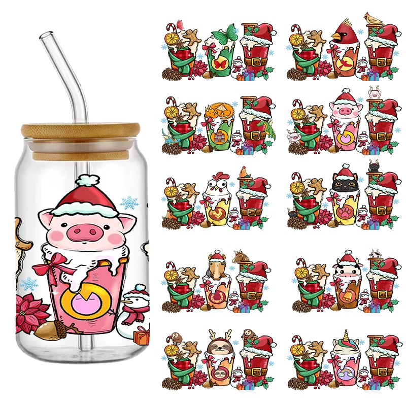 Fashion Christmas Santa Claus Cute Animals 3D UV DTF Cup Wrap Transfers Stickers Labels Durable Waterproof Logo 16oz Glass Wrap