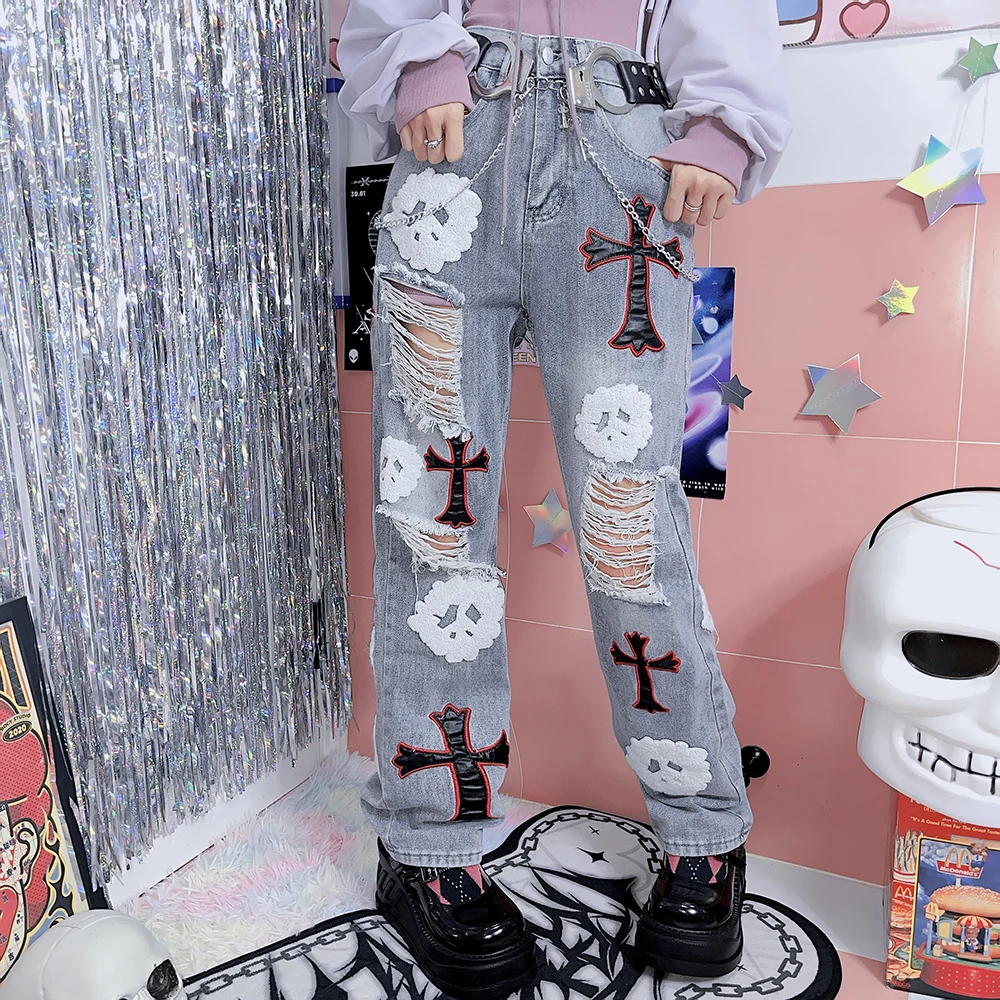 New Harajuku Japanese Y2k Women Skeleton Cross Holes Ripped Jeans Girls Streetwear Gothic Denim Pants Blue Jeans For Women
