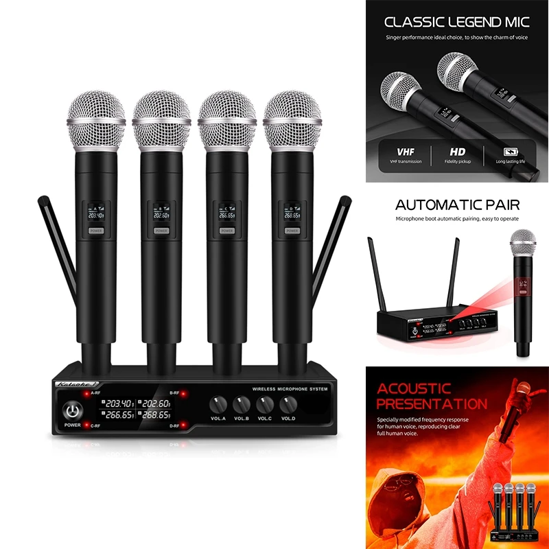 

VM304 Audio 4-Channel Wireless Microphone System Handheld Mic 80M Range For Karaoke Speech Singing Portable Set Easy Install