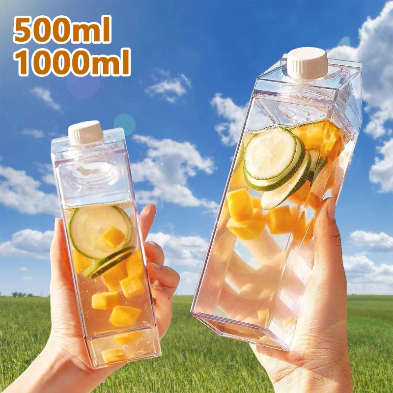 Transparent Water Gym Bottle Plastic New Reusable Clear Milk Carton Box  Juice Sport Leakproof Cup  Drinking Outdoor Camping 2