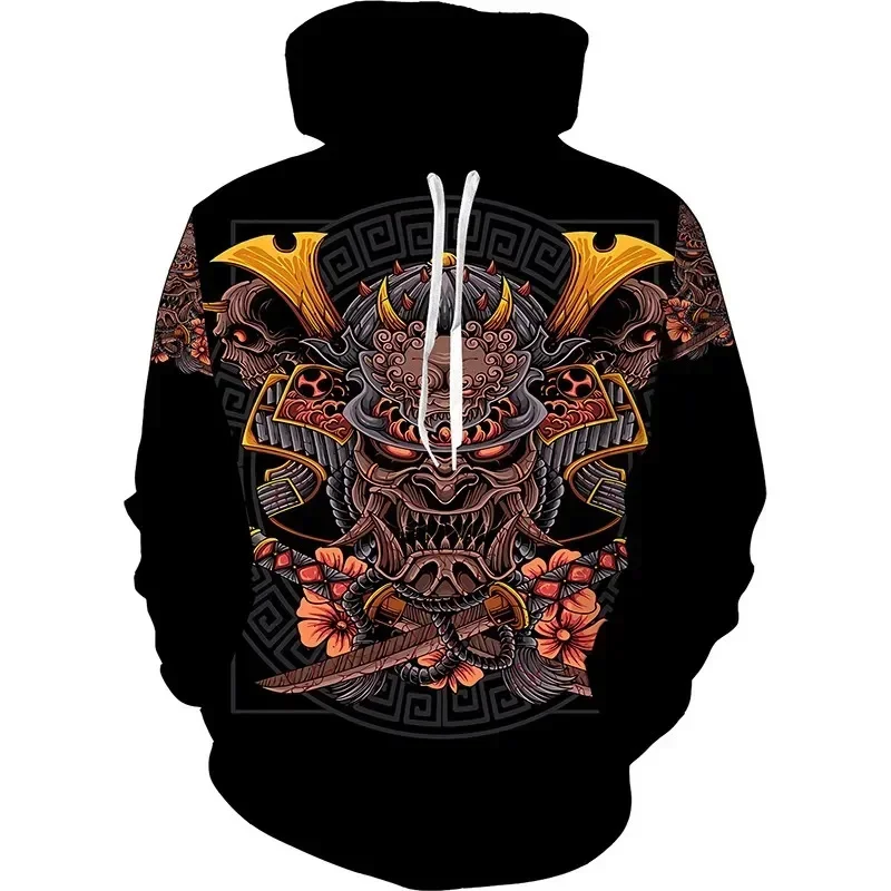 Sudadera con capucha con estampado gráfico de máscara fantasma para hombre, sudadera con estampado 3D de samurái japonés, sudadera informal, sudaderas holgadas, camisetas de manga larga