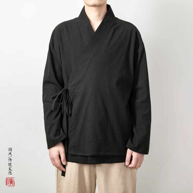 Spring Men Linen Shirt Jacket Men Fake Two-Layer Shirt Vintage Chinese Style Long Sleeve Shirts Male Open Stitch Hanfu