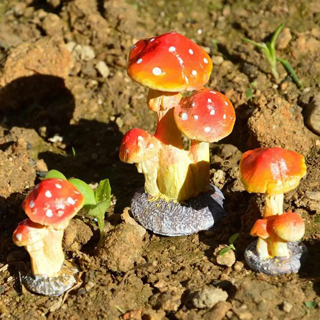 2X Cute Mushroom Figurine Garden Terrarium Decor Orange 3 Head