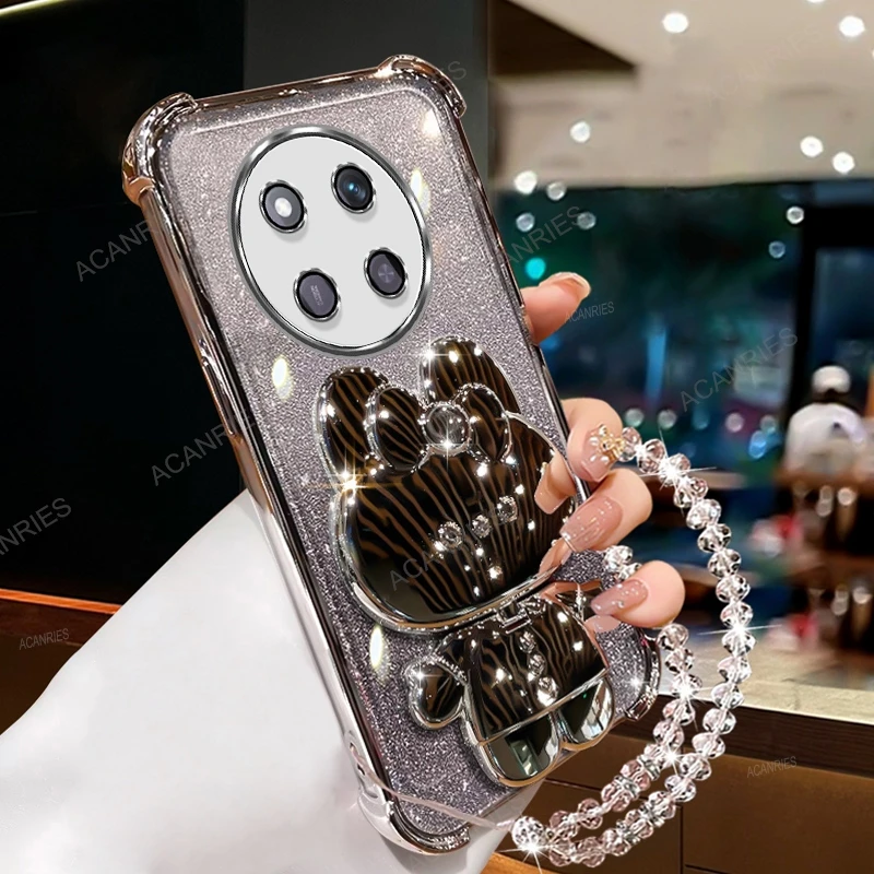 Mirror Rabbit Stand Clear Silicone Soft Case with Plating & Bead Chain - Anti-Fall Four Corners Protection