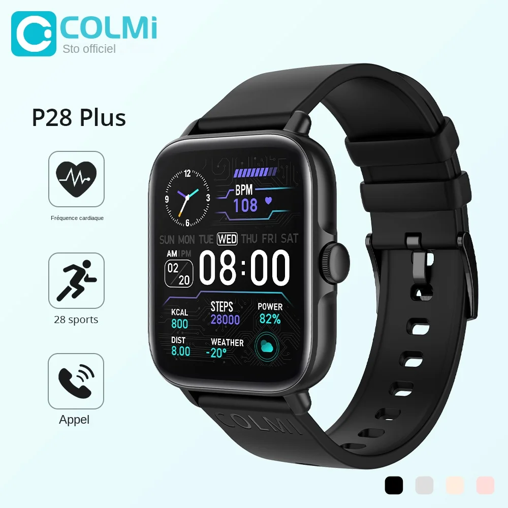 Smartwatch COLMI P28 Plus réponse appels Bluetooth étanche IP67 compatible Android iOS montre homme femme