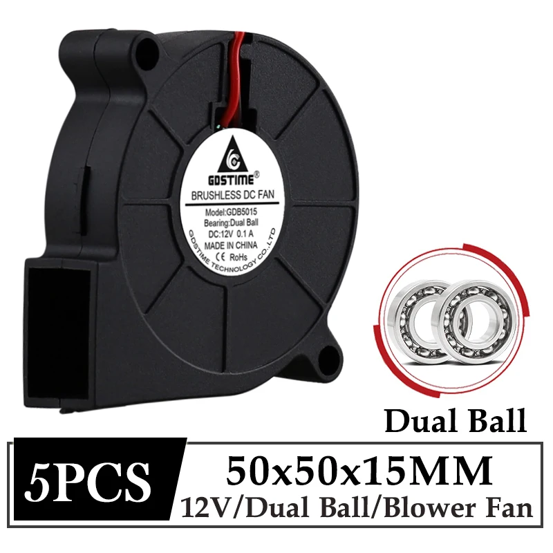 

5Pcs Gdstime DC 12V 5015 Turbo Brushless Cooling Fan 3D Printer Parts 50MM Cooler 50x15mm Ball Bearing Radial Exhaust Blower