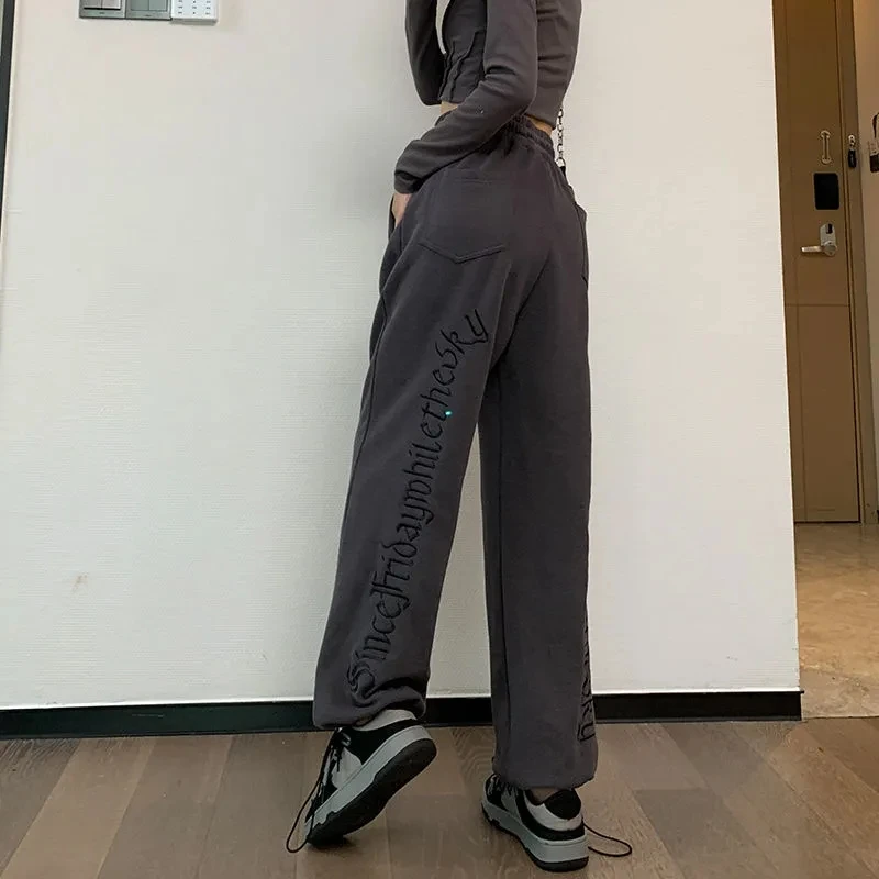 

Женские готические спортивные брюки с Вышивкой Букв для студенток корейский стиль Харадзюку Свободные повседневные Модные женские Мешковатые брюки