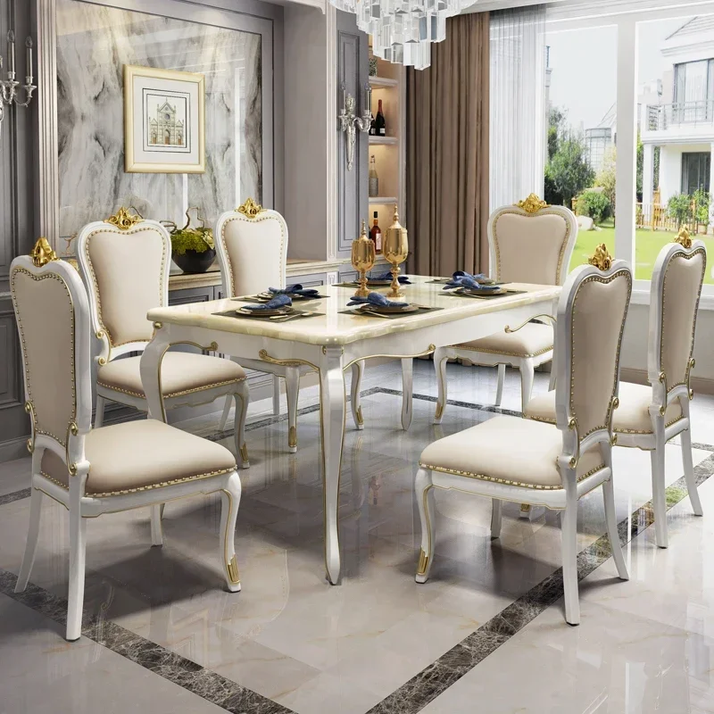 American light luxury rectangular solid wood dining table European marble dining table and chair combination household modern si