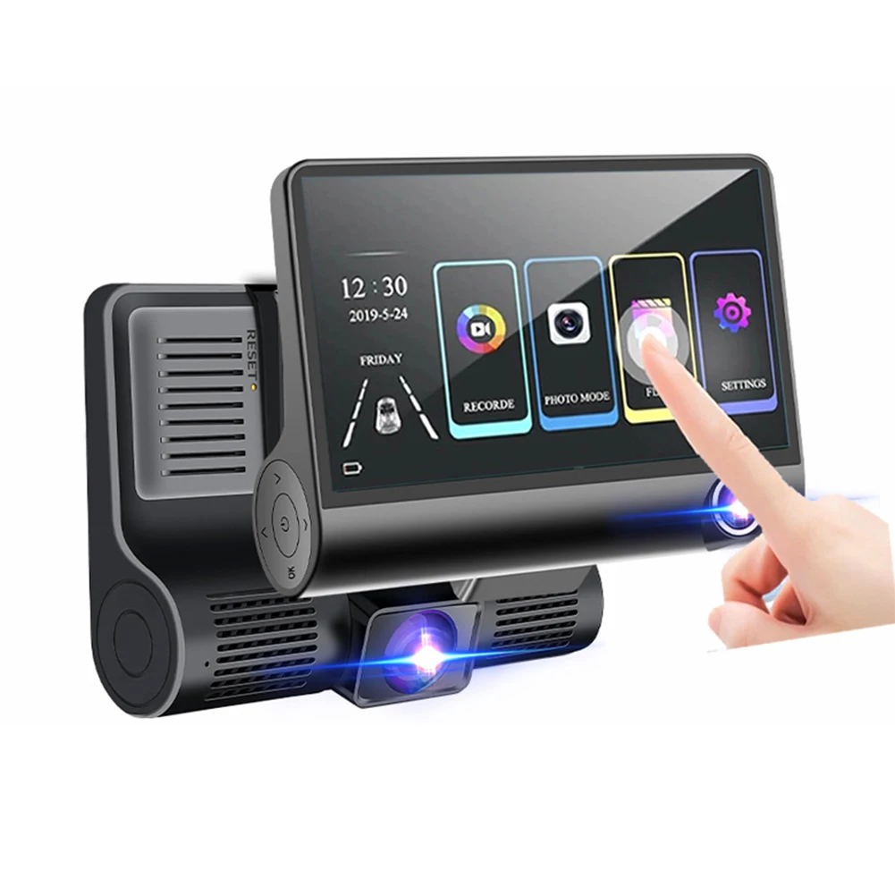 

1080P Dash Cam 3 Channel Front Inside Rear Camera Recorder 4" Touch Screen Night Vision Loop Recording G-Sensor Parking Monitor