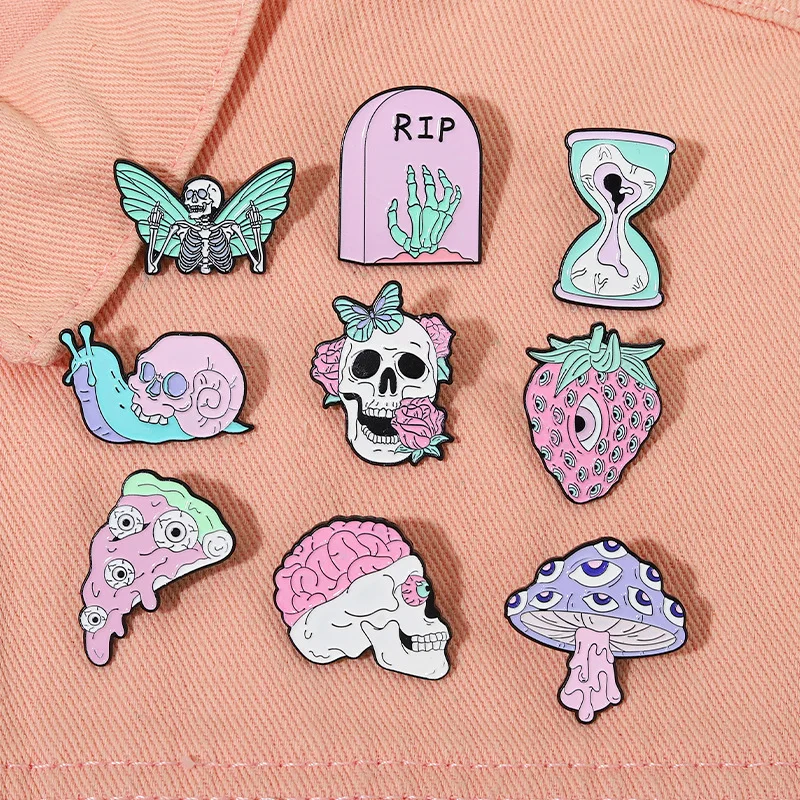 Intensive Eyes Enamel Pins Custom Pink Punk Skeleton Butterfly Pizza  Hourglass Strawberry Brooches Gothic Lapel Badges wholesale