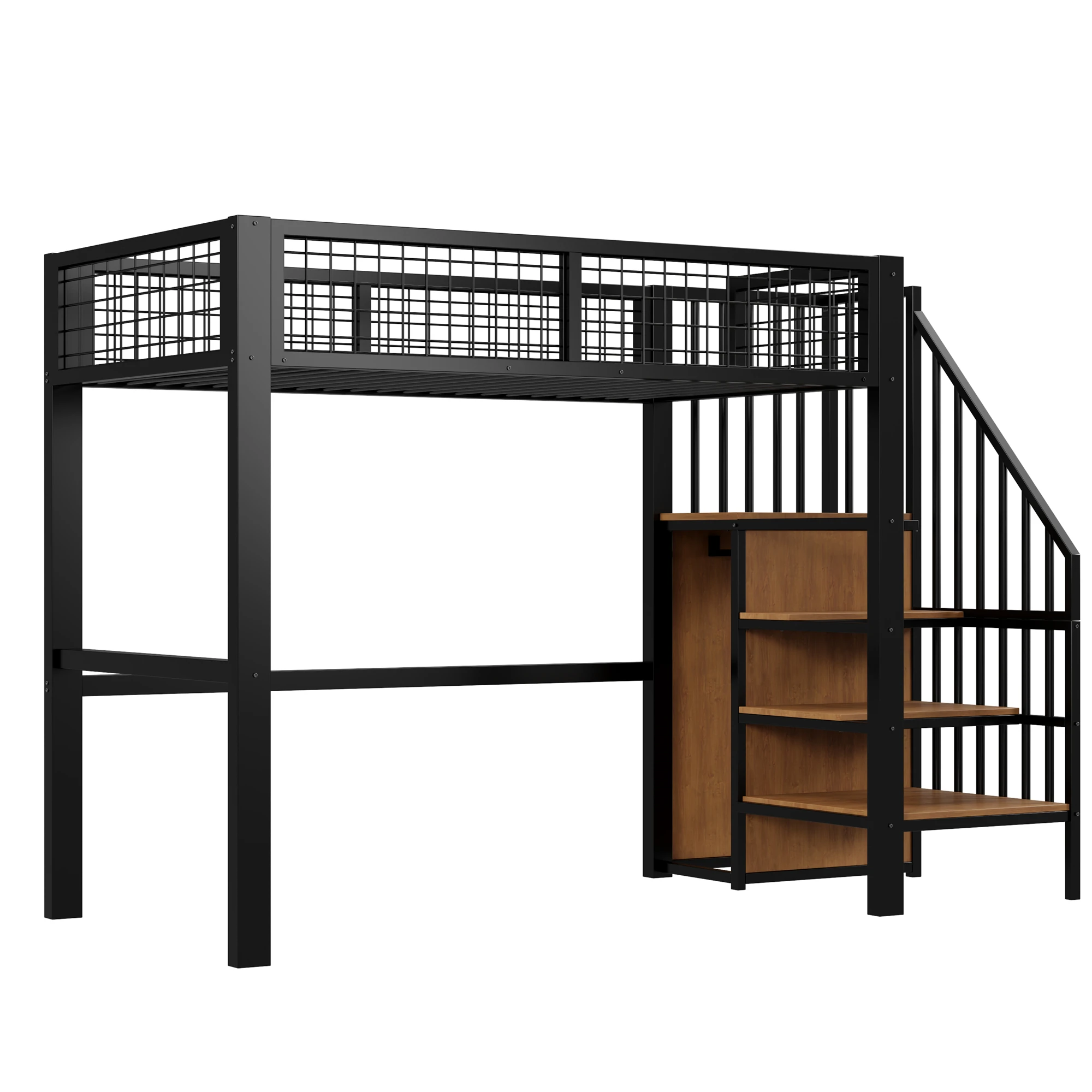 KOMHTOM Kinderhochbett 90x200 cm mit Eisenrahmen Leiter Aufbewahrungsregal und Kleiderschrank – Detail 5