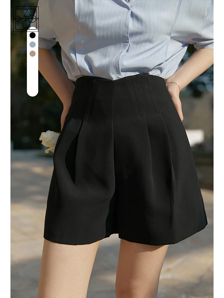 

ZIQIAO Suit Shorts Drape Black Shorts Zipper Waist High Waist Japanese Casual Pleated Design A-LINE Pant Solid Summer Thin