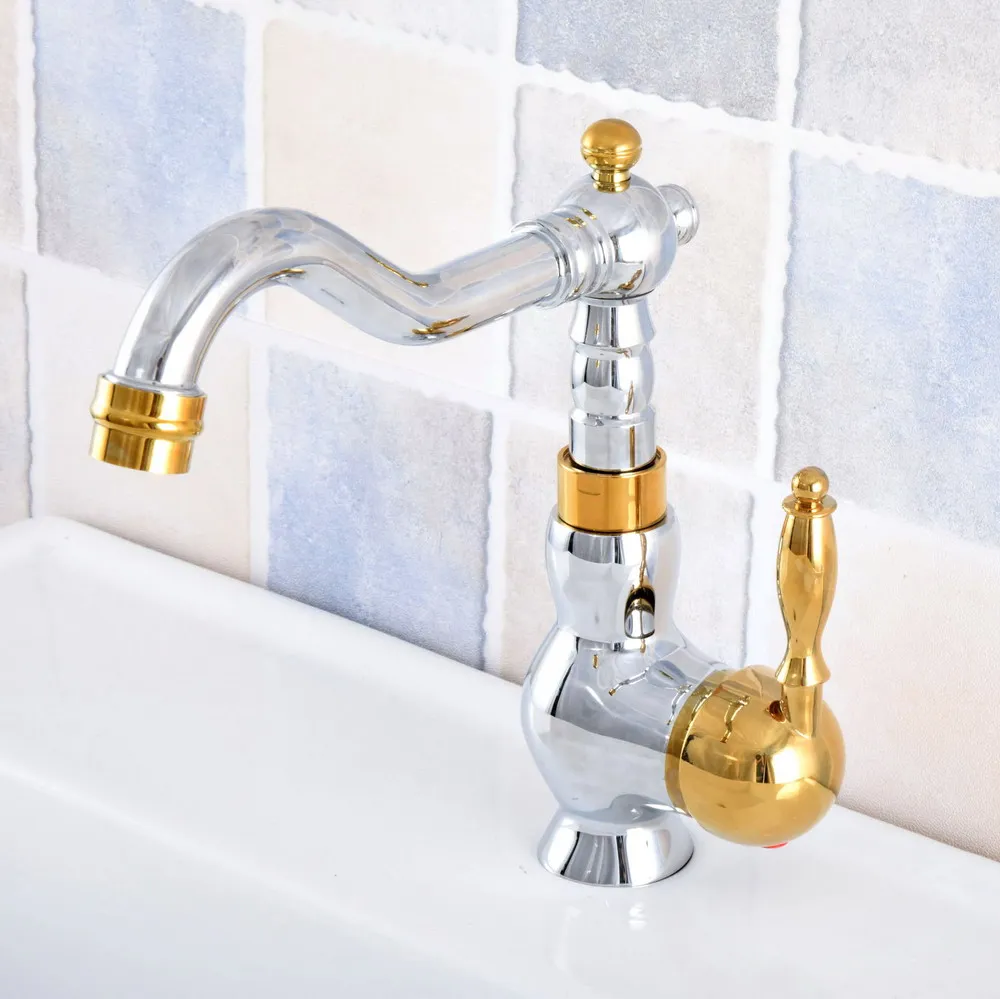 

Chrome Gold Polished Brass Swivel Spout Bathroom Sink Faucets Single Handle Hole Deck Mount Wash Basin Mixer Taps Lsf809