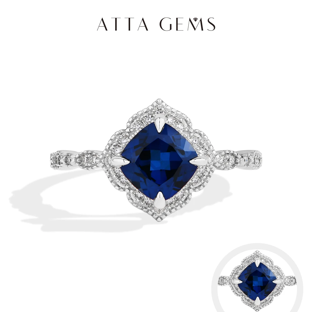 ATTAGEMS الكلاسيكية الأزرق الياقوت الدائري وسادة قطع 2.0ct DVVS1 ريال 925 فضة للنساء المشاركة الزفاف غرامة مجوهرات