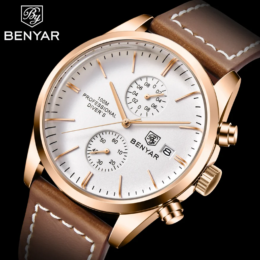 

BENYAR 2023 New Sports Men Quartz Wristwatches Luxury Brand 100M Waterproof Men Watch Military Leather Chronograph Watch for Men