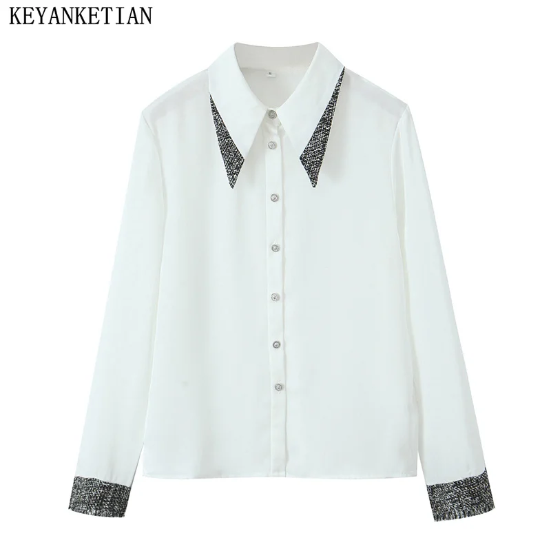 

KEYANKETIAN 2024 New Launch Texture Decoration Patchwork Women's Long-Sleeved Shirt Spring Elegant Office Lady Blouse Short Top