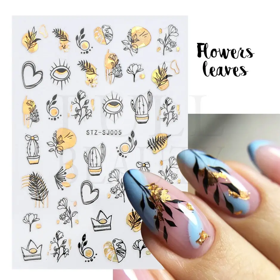 Nail Stickers Abstract Geometry Stickers For Nail 3D Laser Gold Black Leaves Heart Line Adhesive Sliders Decor Holographic Decal