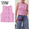 TRAF Knit Sleeveless Vest Woman Fashion Pink Knitted Cropped Vest Female 2024 Double Breasted Summer Top New In Short Coats 1