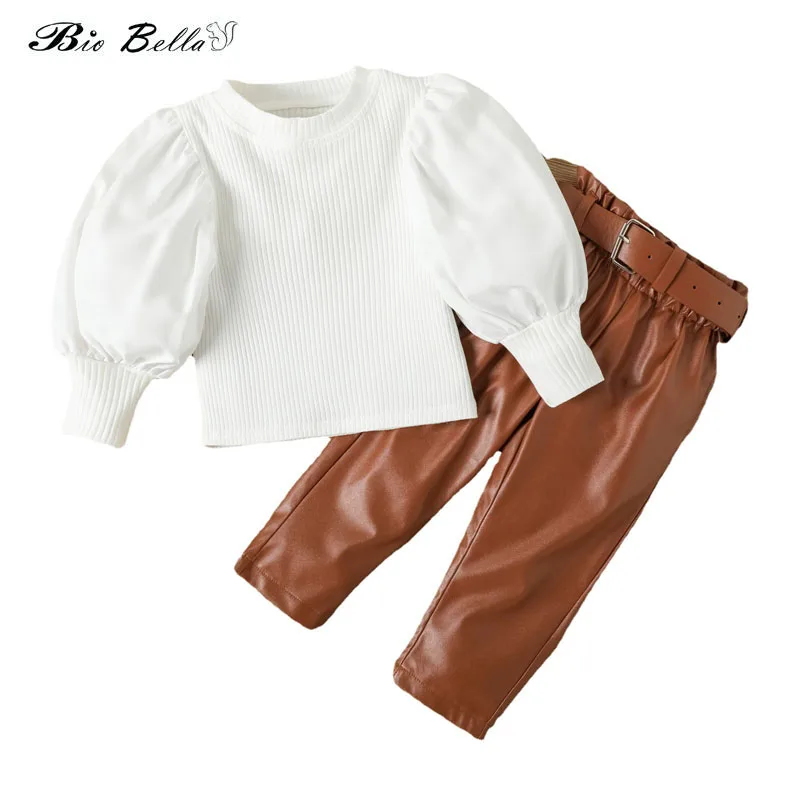 

Fashion Girls Spring Autumn Puff Sleeve White Coat+PU Leather Pants With Belt 2pcs Set Kids Casual Clothes Suit For 1-6Y