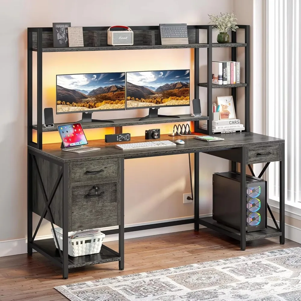 Computer Desk with Drawers & Power Outlets, 59" Home Office Desk with Hutch, Gaming Desk with LED Lights, Grey 3