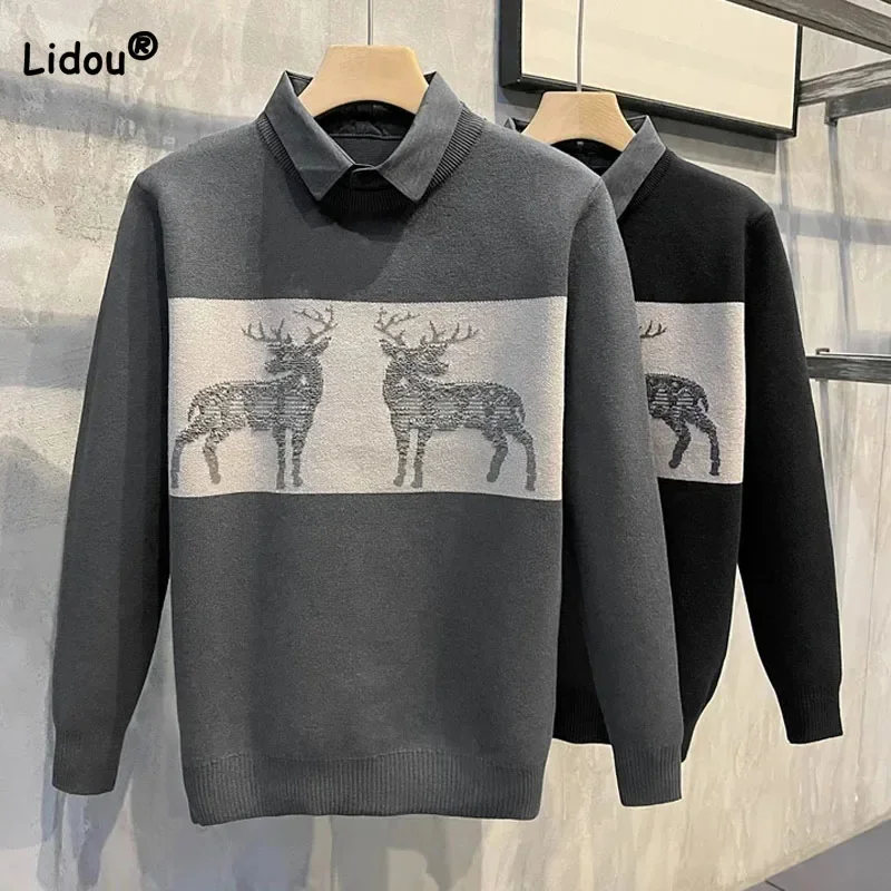 

Male Clothes Long Sleeve Cartoon Trend Casual Sweaters 2024 Autumn Winter New Fashionable Polo-Neck Patchwork Knitted Pullovers