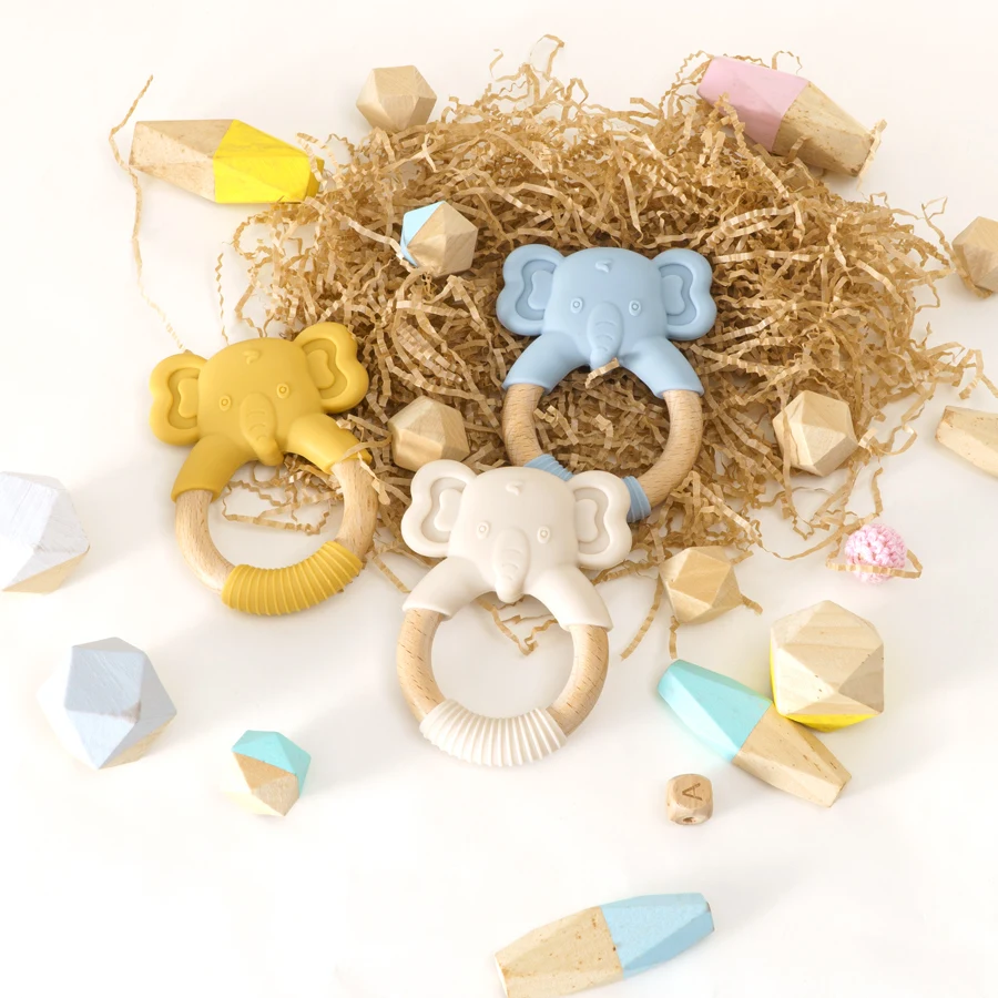 1Pc Baby Health Teether Toy Bracelet Food Grade Kawaii Animal Silicone Pendant Wood Ring Teething Rattle Baby Accessories Toys 2
