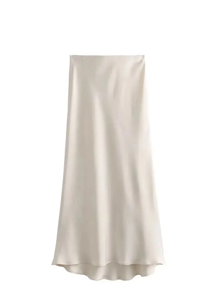 HH 2024 Y2K Casual Women Long Skirt Spring Elastic High Waisted A-Line Casual Female Satin Skirts High Street Lady Skirts