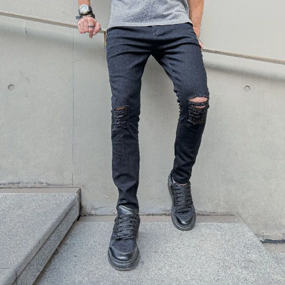 Men's Stretch Jeans Slim Fit Solid Color Invisible Open Crotch Outdoor Sex Ripped Tight Denim Casual Trousers Exotic Pants