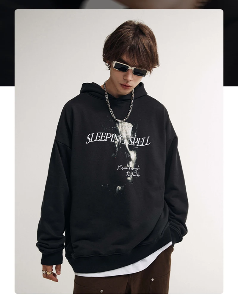 Fashion Street Oversize Drop Shoulder Long Sleeve Sweatshirt Vintage Screen Printed Black Hip-Hop Cotton Hoodie Black Brown Men black sweatshirt