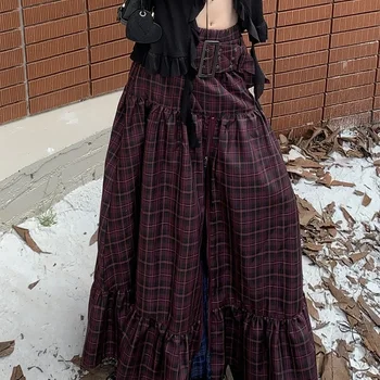 Women's Plaid A-line Long Skirt Vintage Y2k Skirt Harajuku Korean Streetwear Fashion A-line Skirts Emo 2000s Trashy Clothes 2023