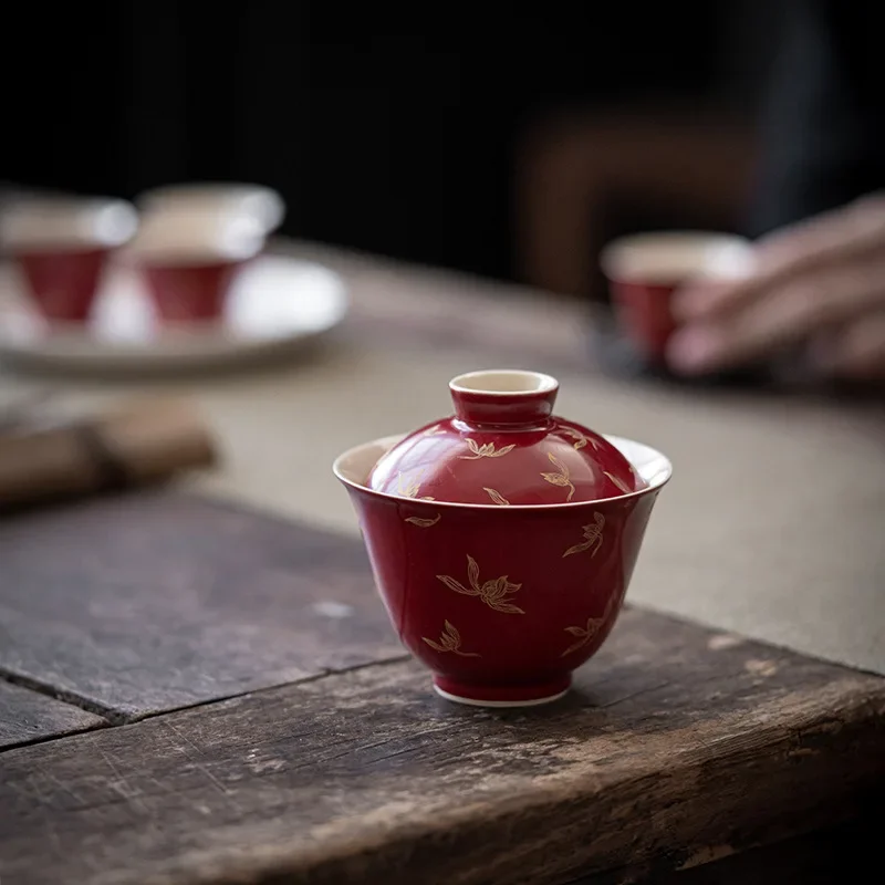 Lang Hong Gilded Gaiwan Chinese Style Red Autumn Orchid Gilded Decal Cover Bowl Kungfu Small Tea Making Bowl