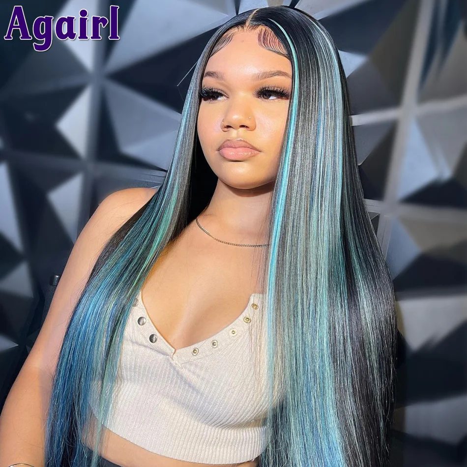 Highlight Sky Blue Straight Lace Frontal 13X4 13x6 Human Hair Wigs Brazilian Transparent  Lace Closure 4X4 5X5 Lace Front Wig