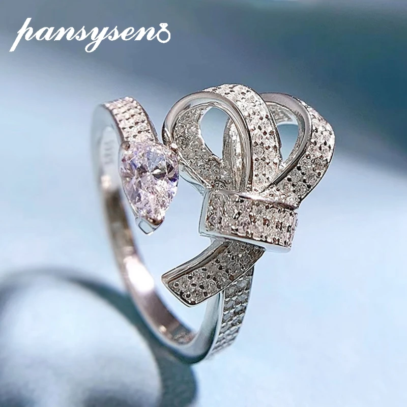 PANSYSEN 925 Sterling Silver Pear Cut Ruby Diamond Gemstone Wedding Rings for Women Luxury Proposal Engagement Ring