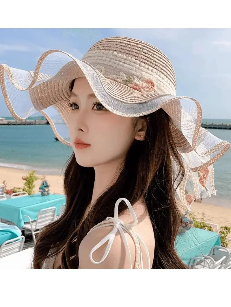 

2024 Summer New Women's Korean Fashion Sunshade Straw Hat with Seaside Bow Big Eaf Sun Protection Lightweight and Breathable