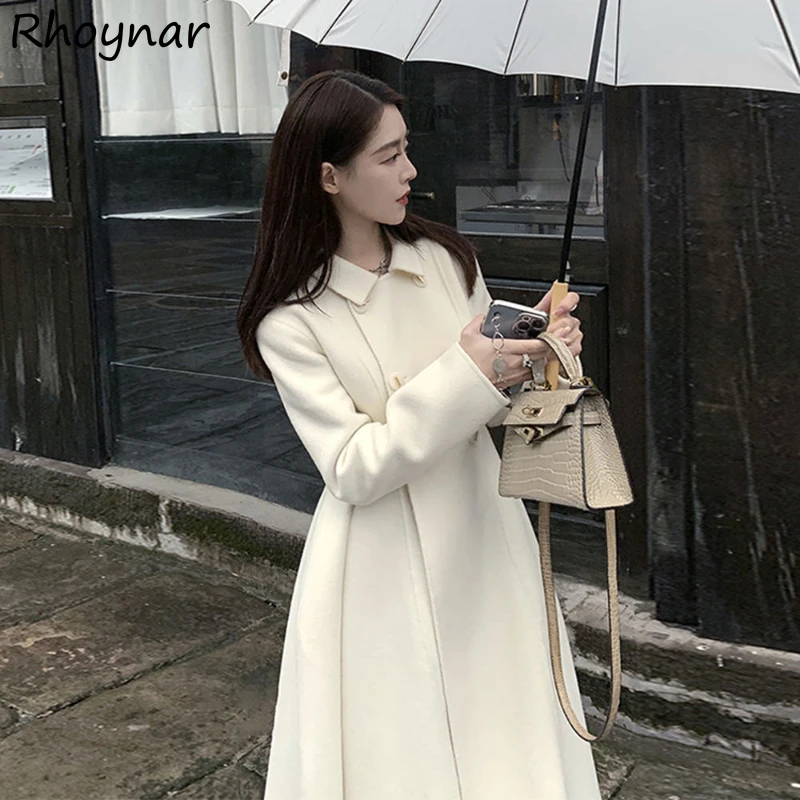 

White Blends Coats for Women Turn-down Collar Graceful Temperament French Style Ladies Autumn Winter Long Overcoats Fashionable